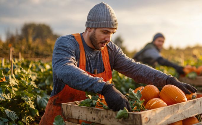 Seasonal workers harvesting vegetables in a field.